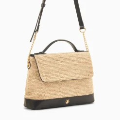 Sac Cartable Katie En Raphia Beige A Details Noirs