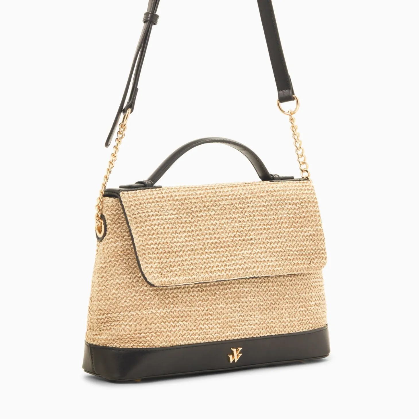 Sac Cartable Katie En Raphia Beige A Details Noirs