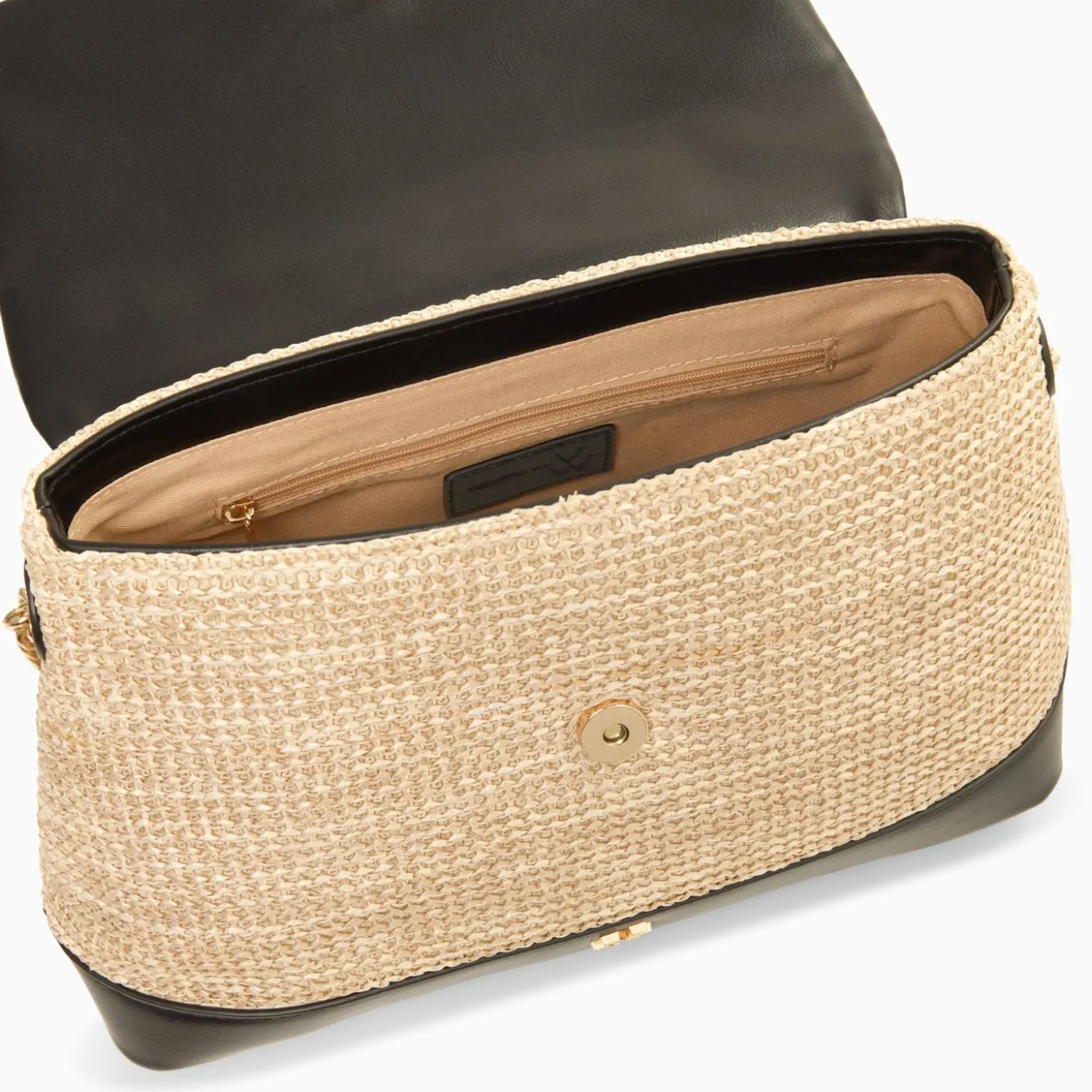 Sac Cartable Katie En Raphia Beige A Details Noirs
