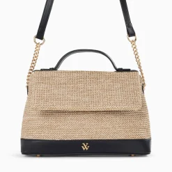 Sac Cartable Lisa En Raphia Beige A Details Noirs
