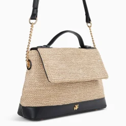 Sac Cartable Lisa En Raphia Beige A Details Noirs