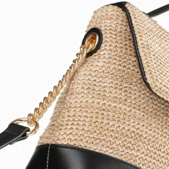Sac Cartable Lisa En Raphia Beige A Details Noirs