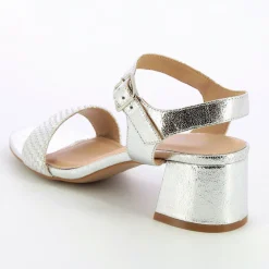 Sandales Benedicte Argent A Talon Bloc Et Bride Tressee