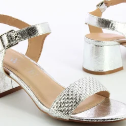 Sandales Benedicte Argent A Talon Bloc Et Bride Tressee