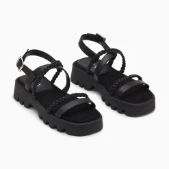 Sandales Bonnie Noires A Brides Tressees Et Plateforme Crantee