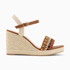 Sandales Compensees Honorine Camel En Tissu Jacquard