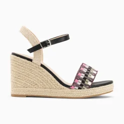 Sandales Compensees Honorine Noir Et Rose En Tissu Jacquard