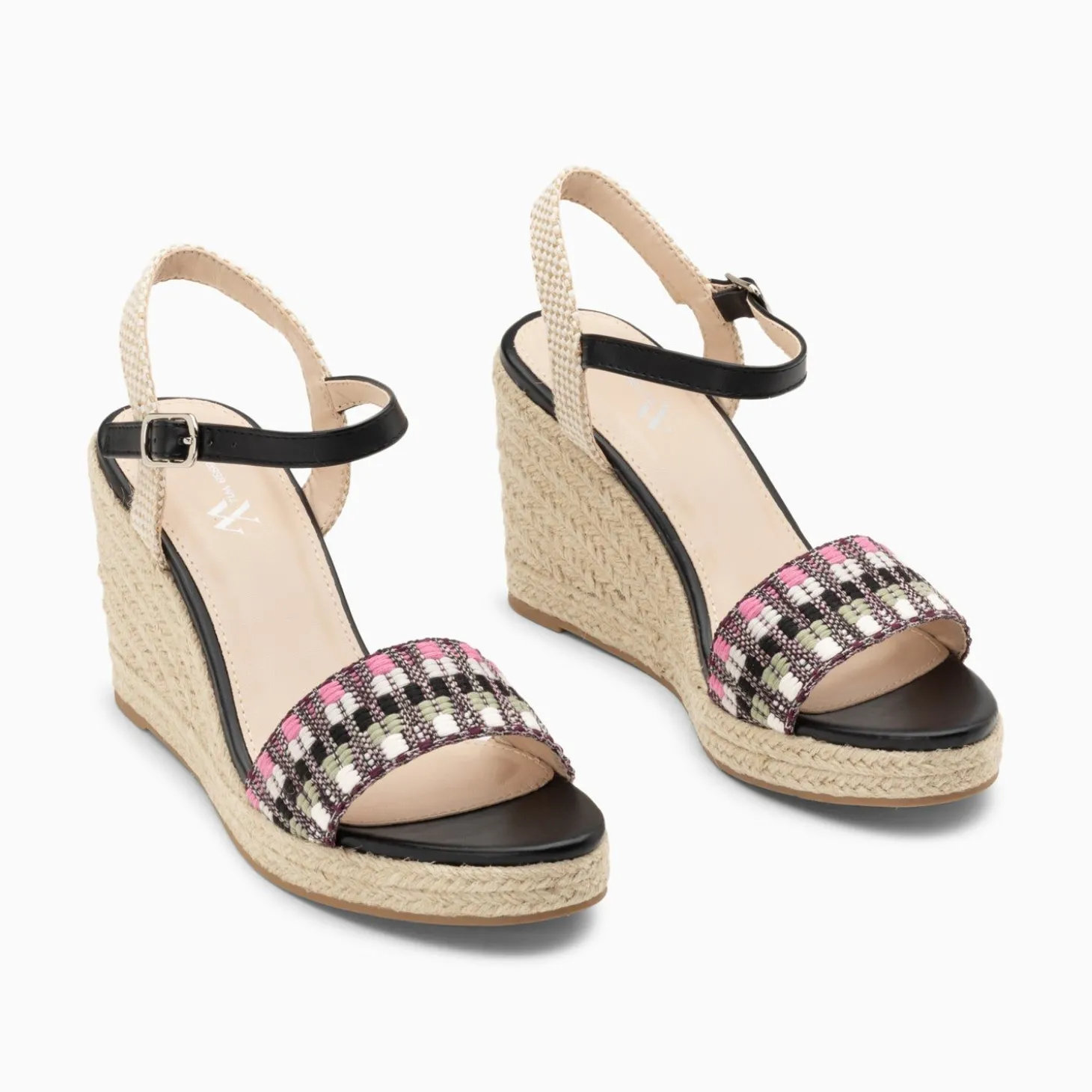 Sandales Compensees Honorine Noir Et Rose En Tissu Jacquard