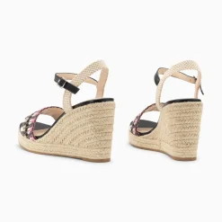 Sandales Compensees Honorine Noir Et Rose En Tissu Jacquard