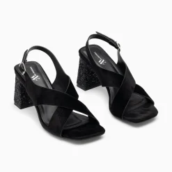 Sandales Milan Noires A Brides Croisees Et Talon Noir Paillete