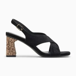 Sandales Milan Noires A Brides Croisees Et Talon Bronze Paillete
