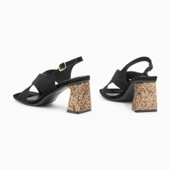 Sandales Milan Noires A Brides Croisees Et Talon Bronze Paillete