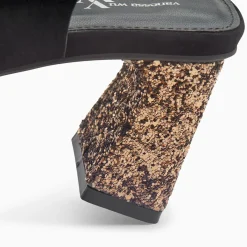 Sandales Milan Noires A Brides Croisees Et Talon Bronze Paillete
