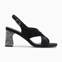 Sandales Milan Noires A Brides Croisees Et Talon Argent Paillete