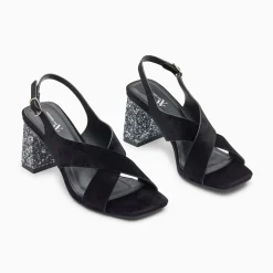 Sandales Milan Noires A Brides Croisees Et Talon Argent Paillete