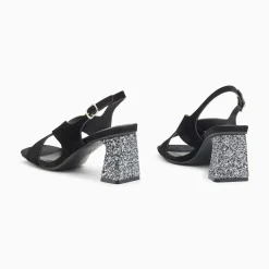 Sandales Milan Noires A Brides Croisees Et Talon Argent Paillete