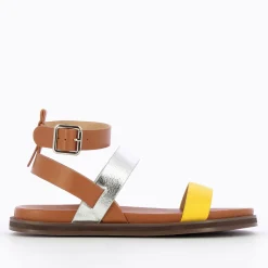 Sandales Plates Ninon Camel A Brides Argent Et Jaune
