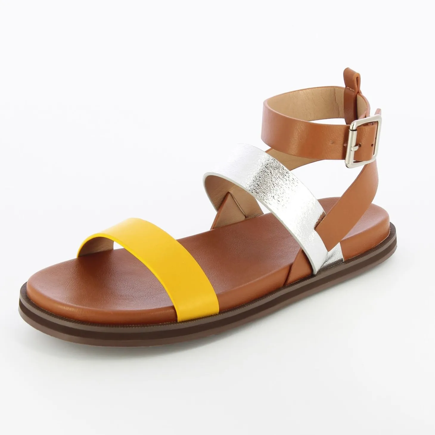 Sandales Plates Ninon Camel A Brides Argent Et Jaune