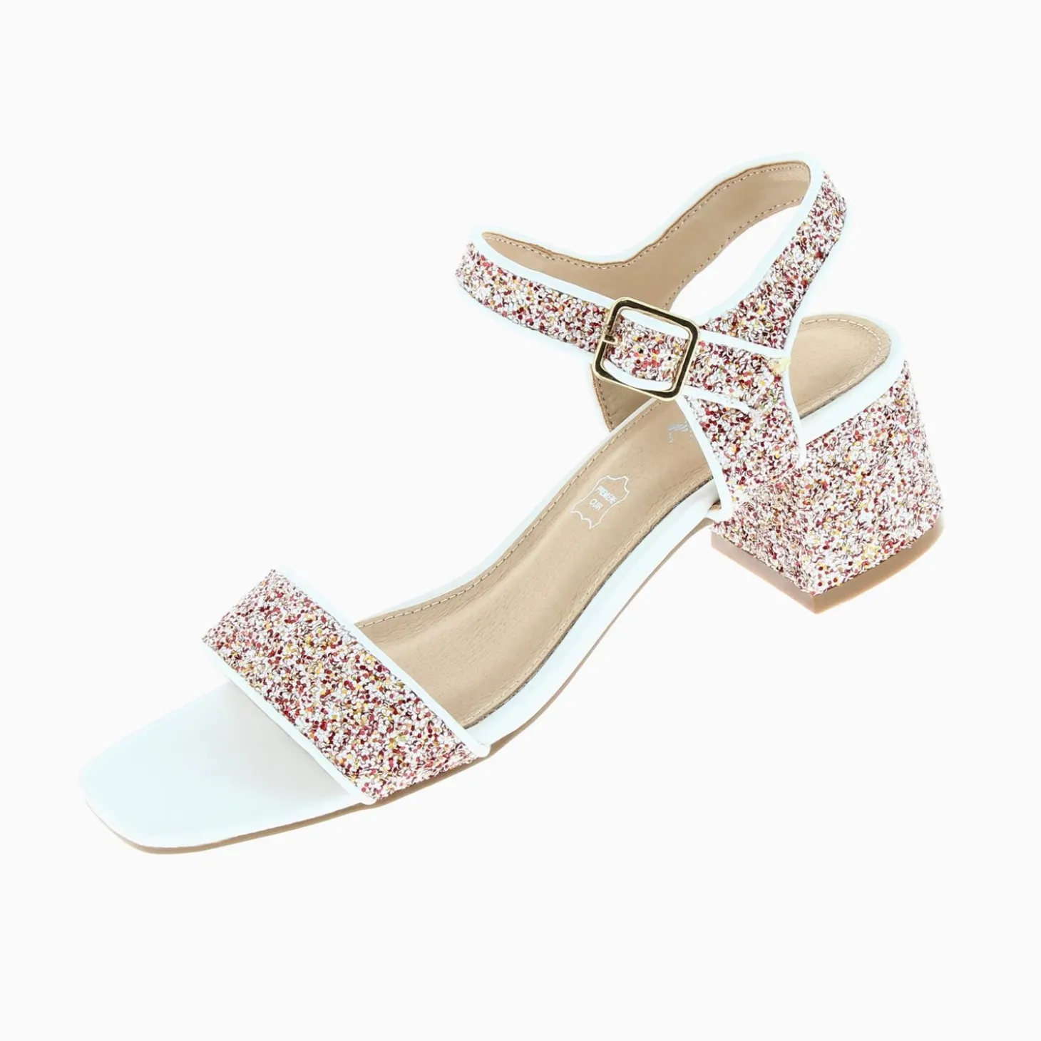 Sandales Ruby Blanches Pailletees A Petit Talon Bloc