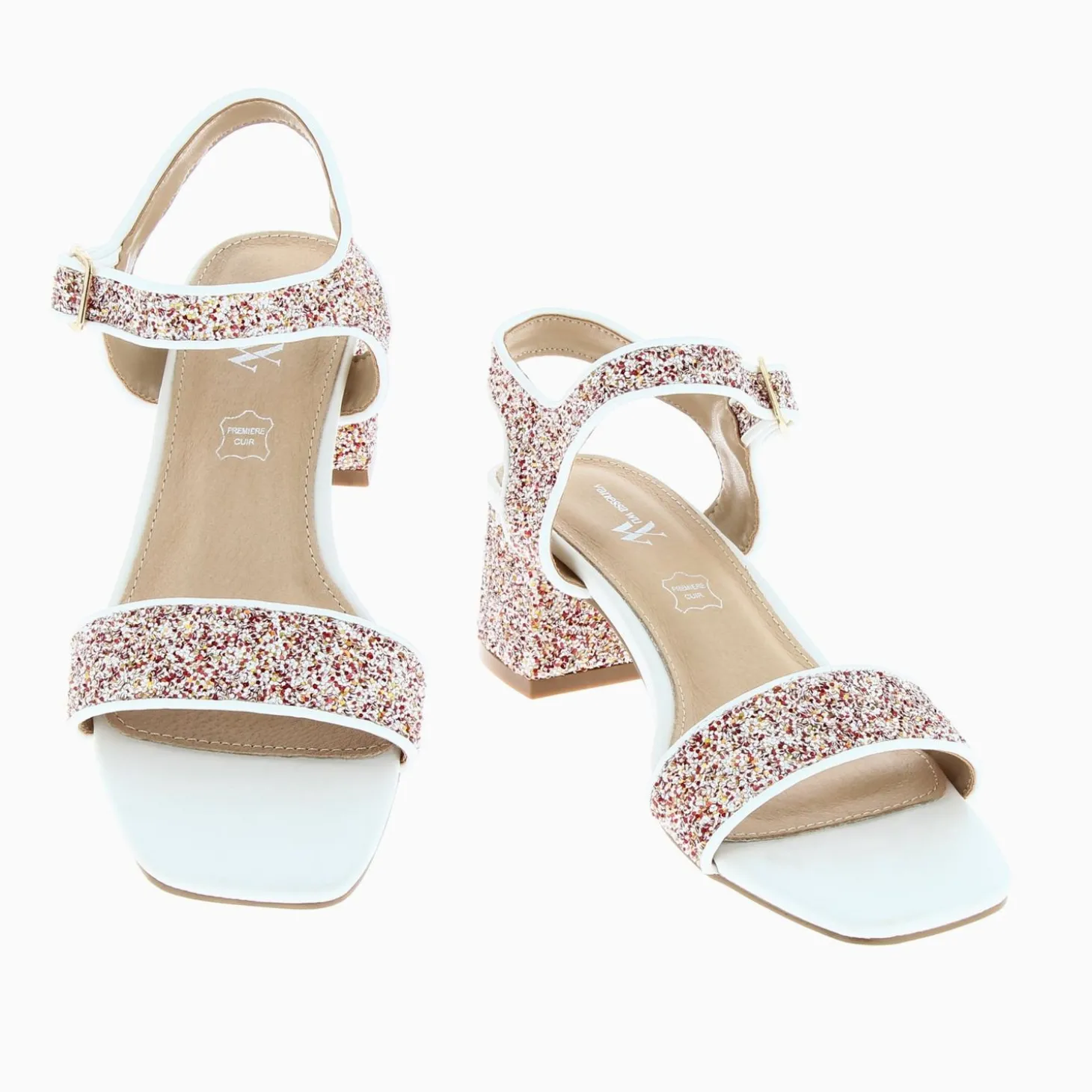 Sandales Ruby Blanches Pailletees A Petit Talon Bloc