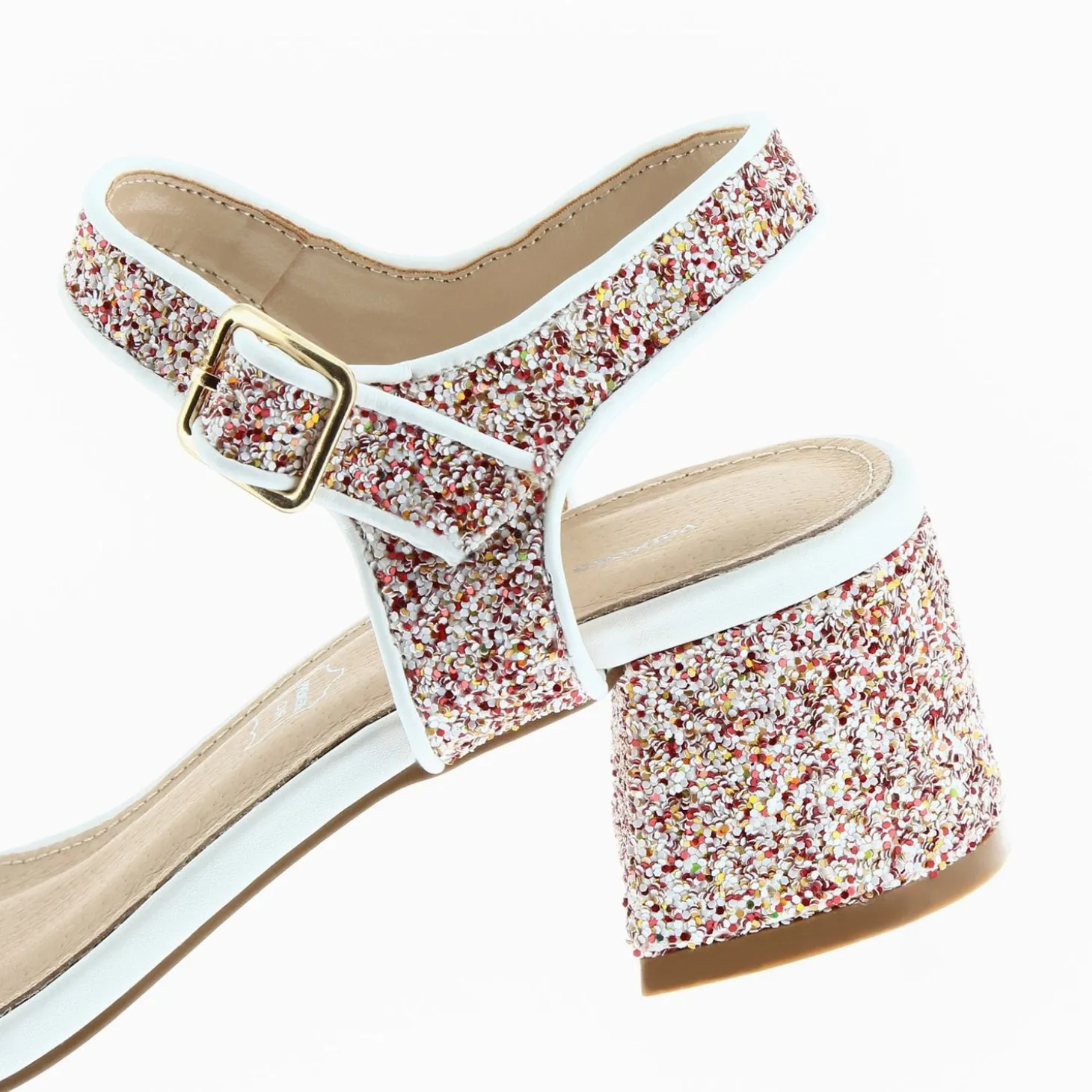 Sandales Ruby Blanches Pailletees A Petit Talon Bloc